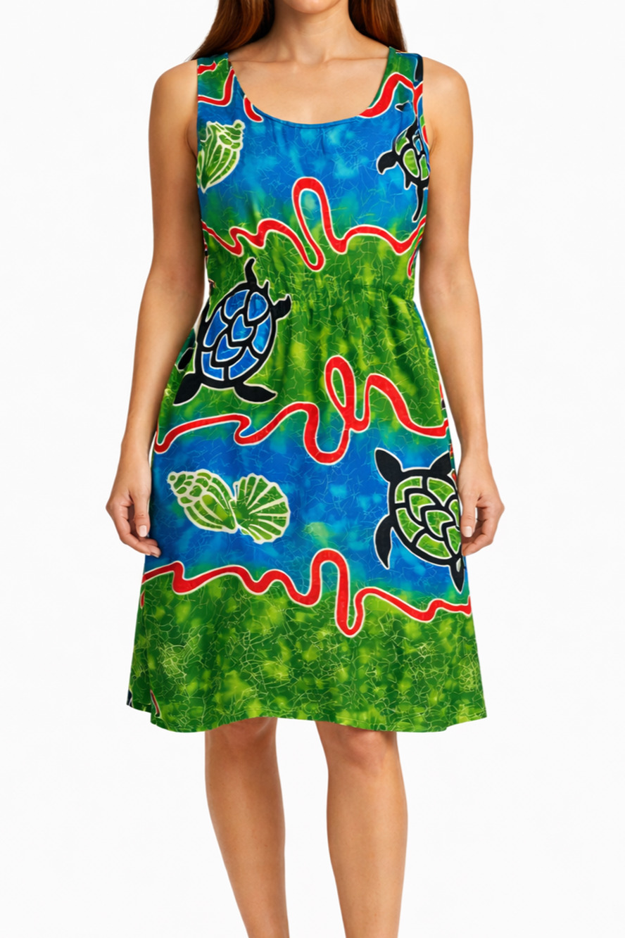 Whispers Dress Womens Size XL Turtle Print Sleeveless Rayon Sundress Coastal